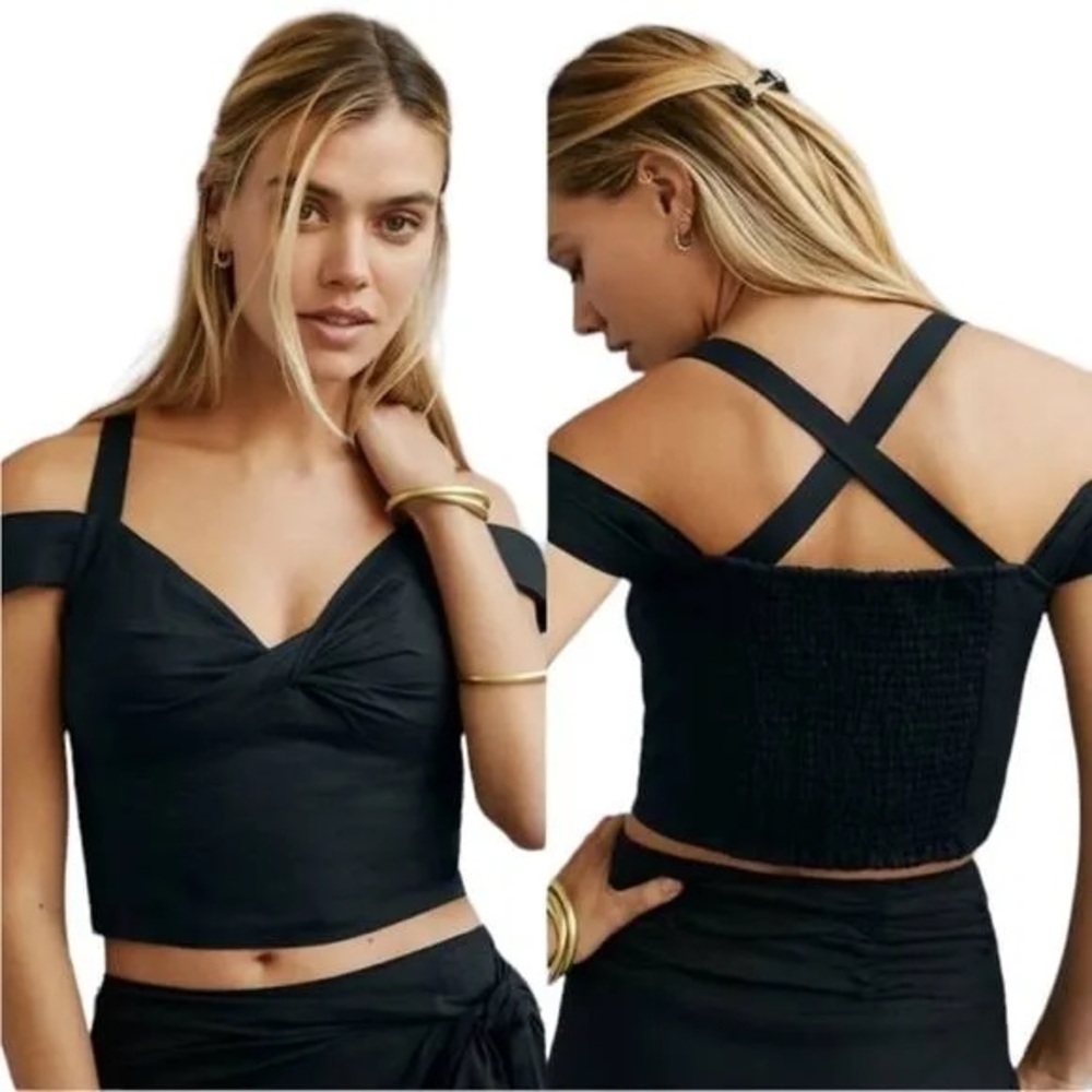 Maeve By Anthropologie Off The Shoulder Twist Front Crop Top Size Medium Linen